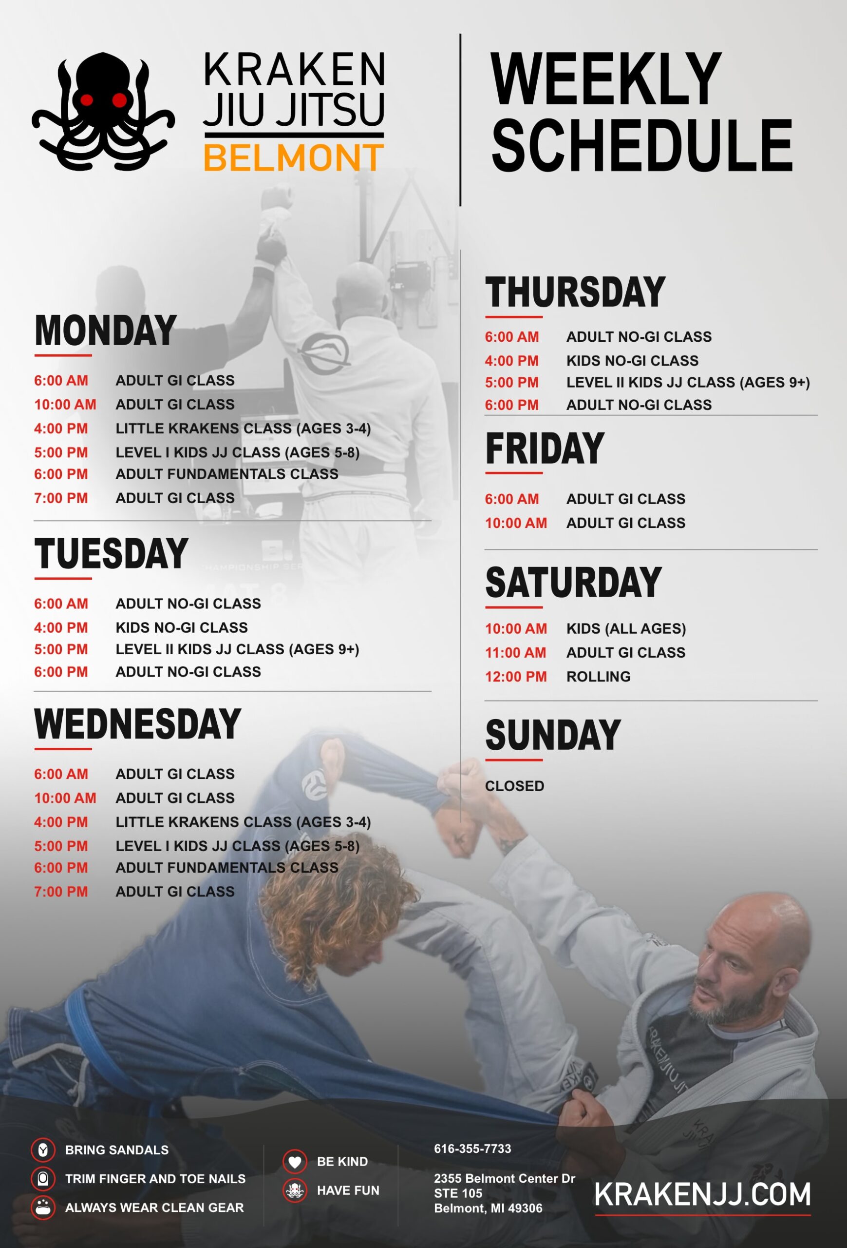 Kraken Jiu Jitsu - Belmont schedule July 2026